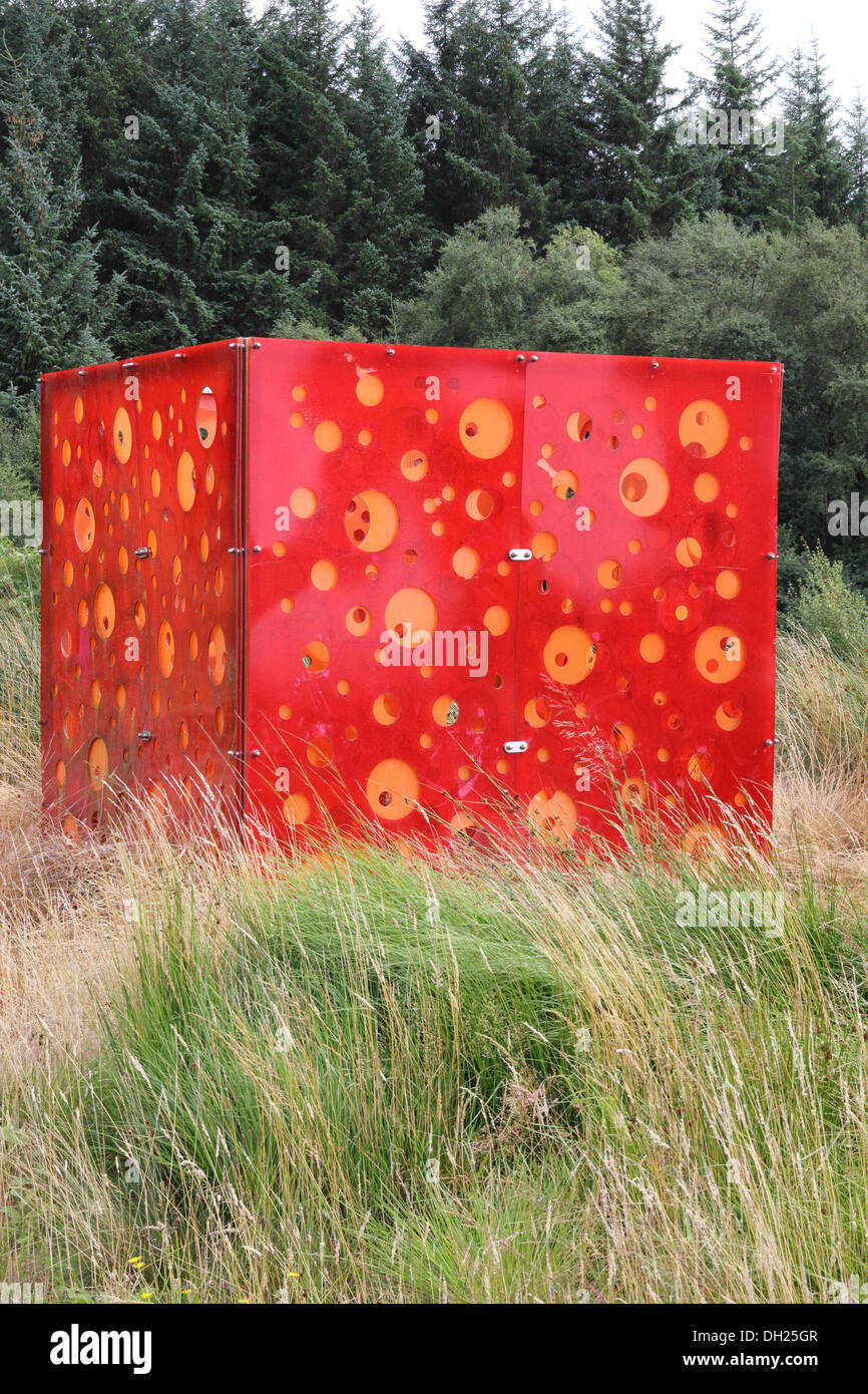 Salmon Cubes Modern Art Sculptures, Kielder Water & Forest Park, Northumberland, England, UK Stock Photo