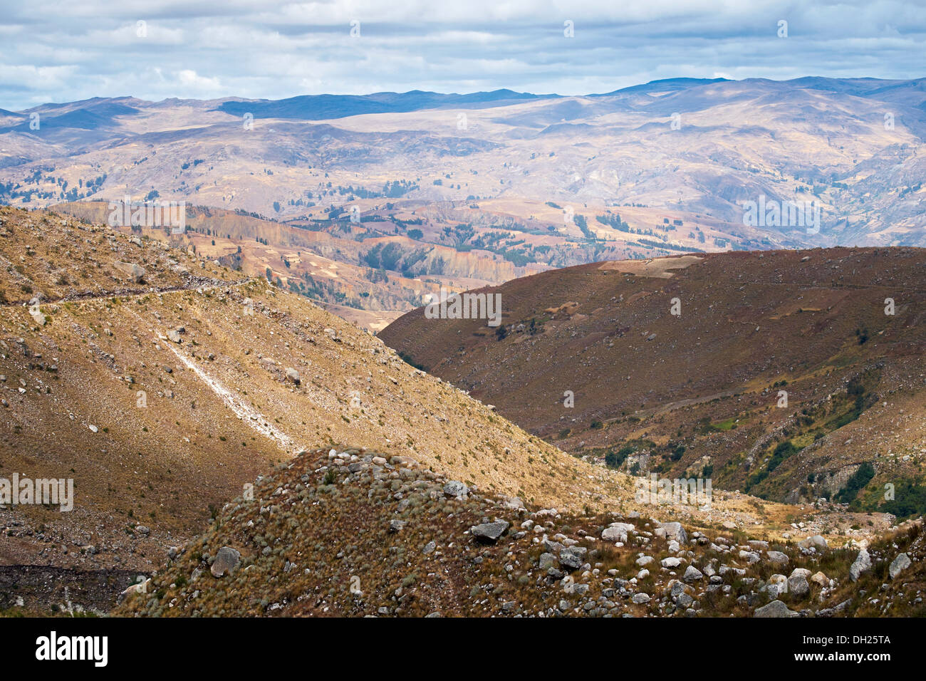Looking down from the Cojup valley towards Huaraz in the Andes, Peru, South America Stock Photo