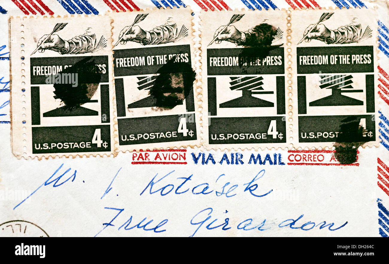 1958 American "Freedom of the Press" postage stamps obliterated with black mark. Stock Photo