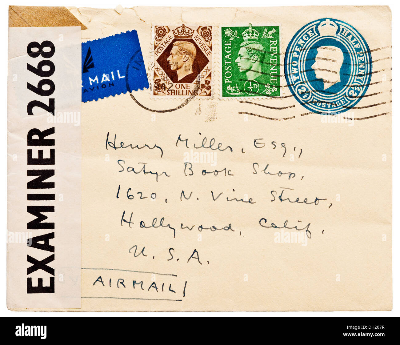 1942 British censored envelope with King George VI stamps addressed to author Henry Miller, California, USA. Stock Photo
