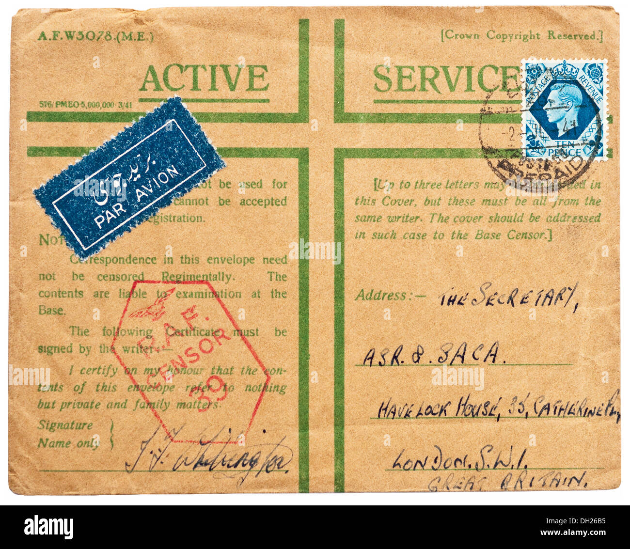 1943 British wartime censored air-mail 'Active Service' envelope with King George VI ten pence stamp to the UK from Egypt. Stock Photo