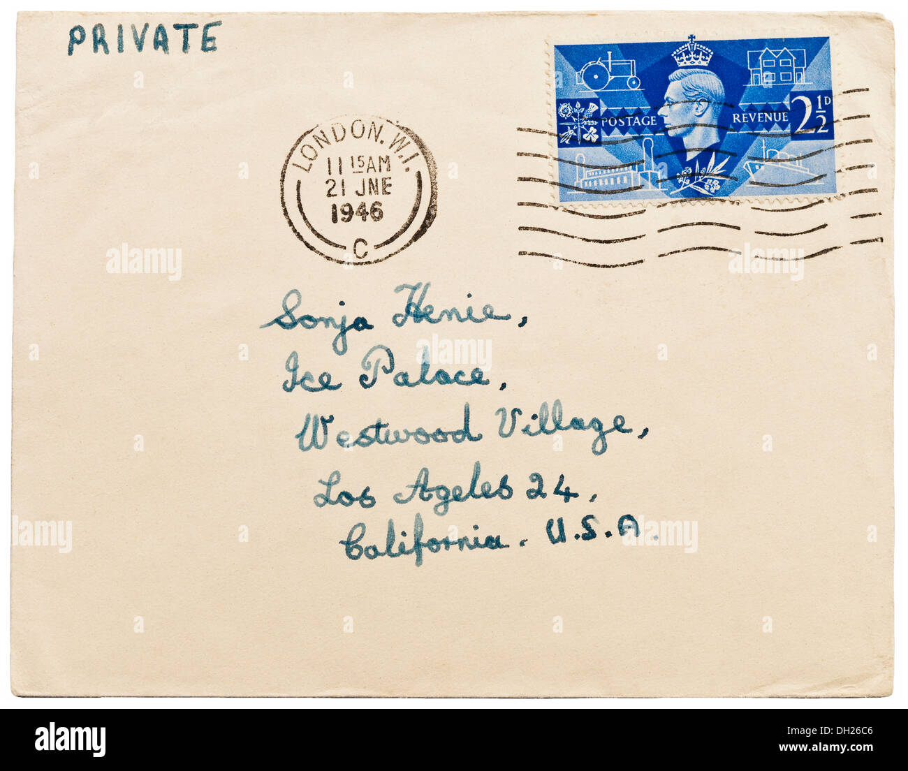 1946 British 'fan mail' envelope with King George VI stamp addressed to ice-skating star Sonja Henie in America. Stock Photo