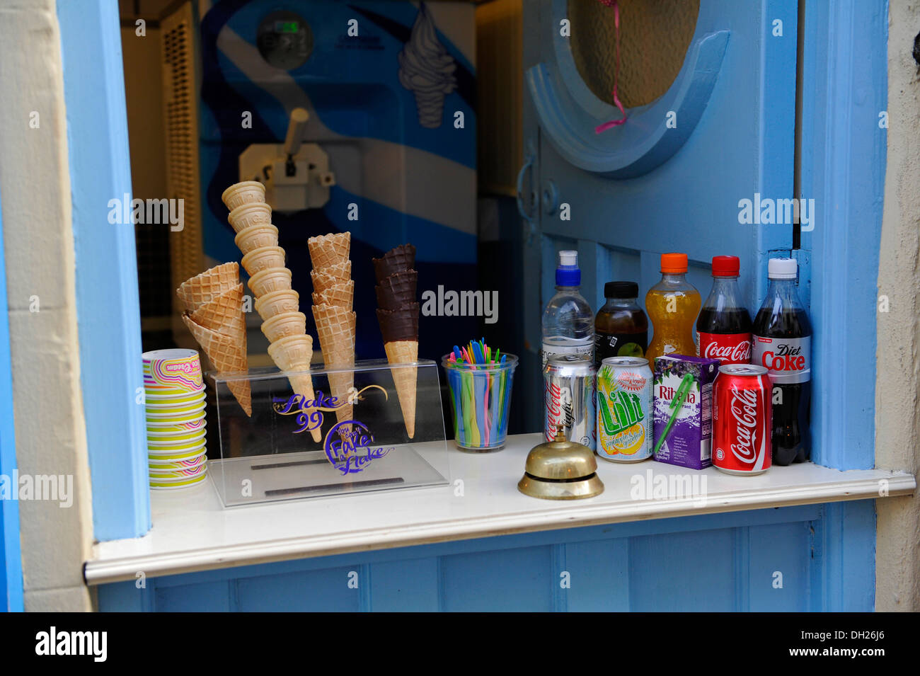 Fizzy drinks and ice creams for sale. Stock Photo
