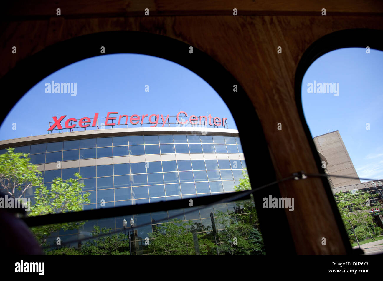 Xcel Energy Center framed through tour bus window. St Paul Minnesota MN USA Stock Photo