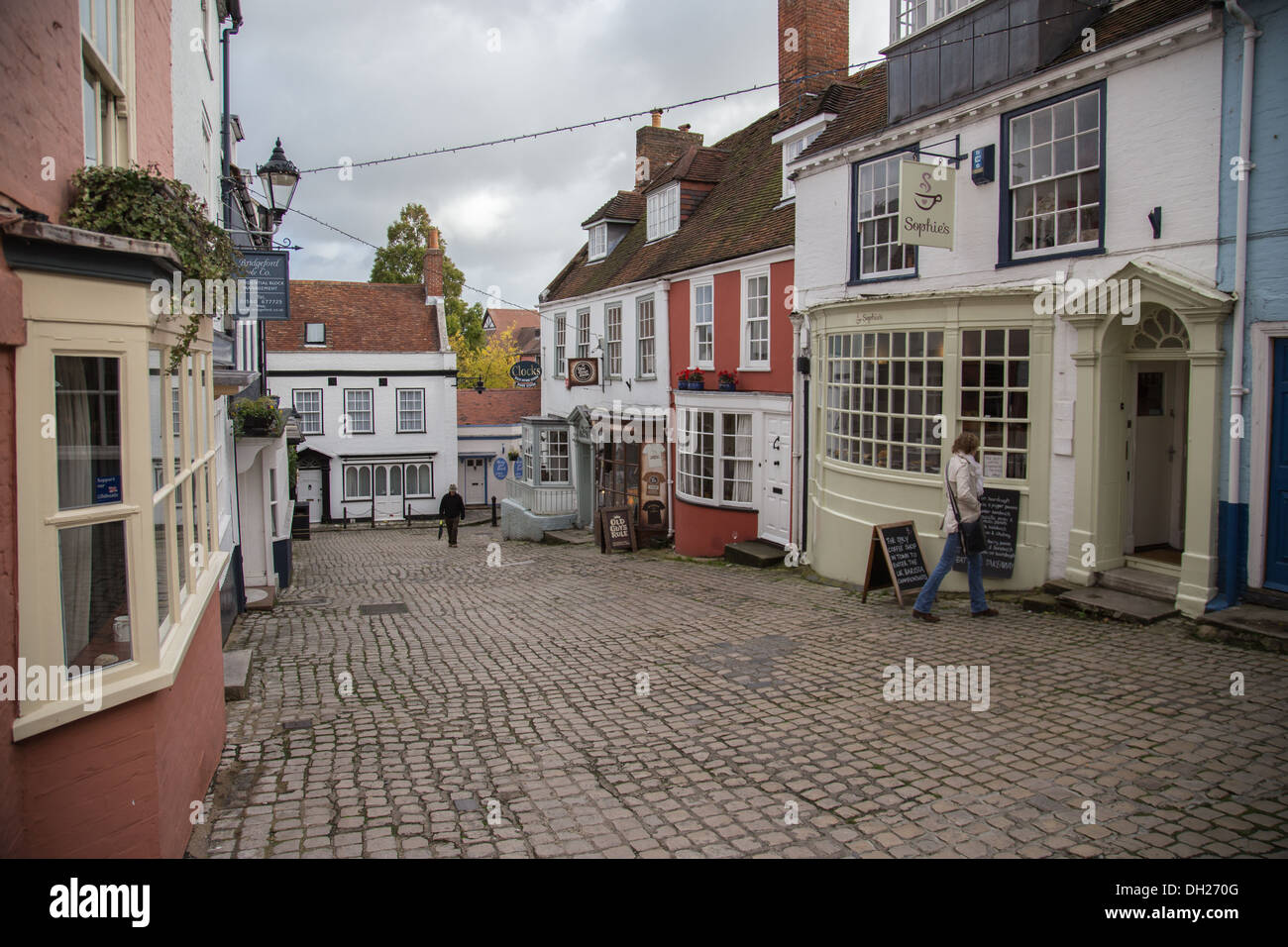 Lymington, Hampshire, England quayside shops with people Stock Photo