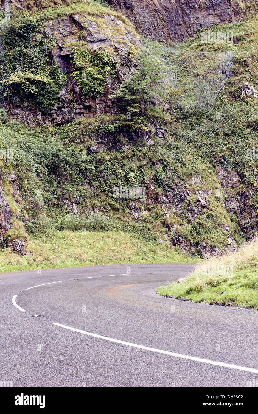 Horseshoe bend in Cheddar gorge, Somerset, showing net to catch falling ...