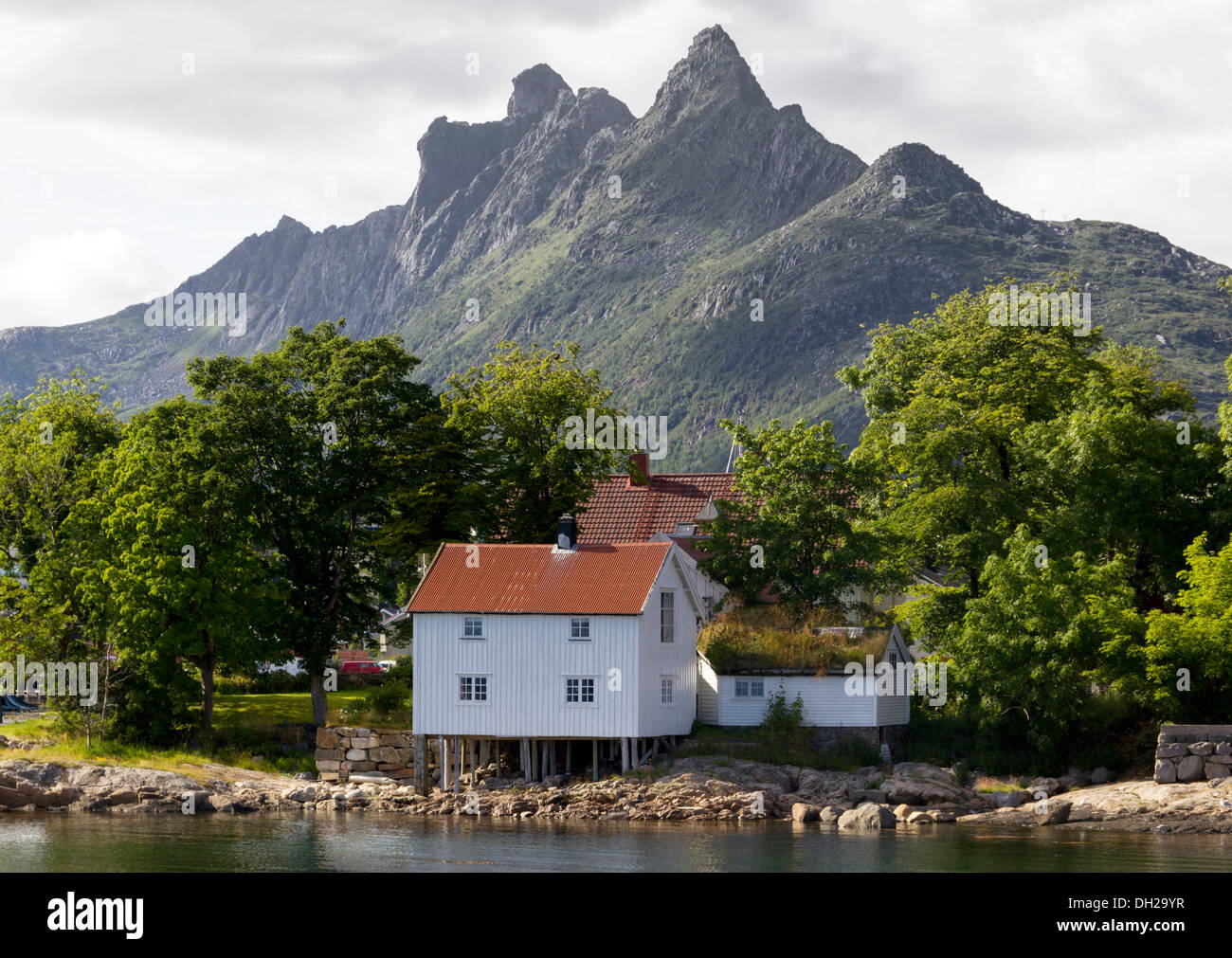 House beside the fjord, Svolvaer, Lofoten, Nordland, Norway Stock Photo