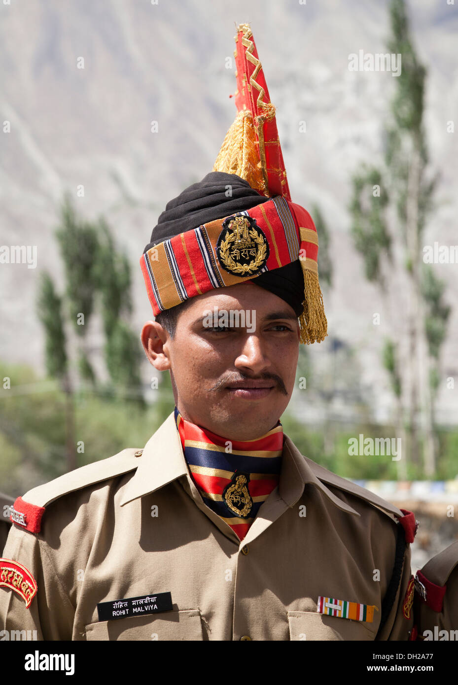 Members of India's Border Security Force in dress uniform attending memorial ceremony at Panamik Ladakh. Stock Photo