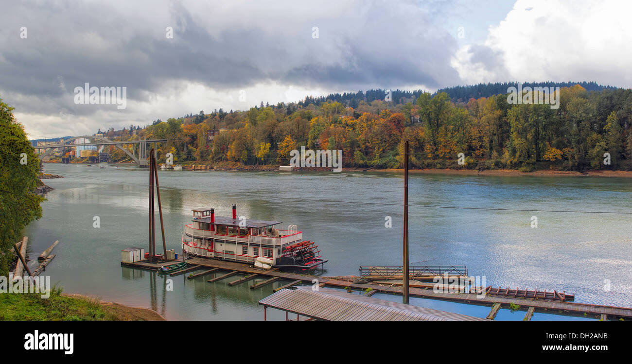 Historic Sternwheeler Docked Along Willamette River in Oregon City in Fall Season Panorama Stock Photo