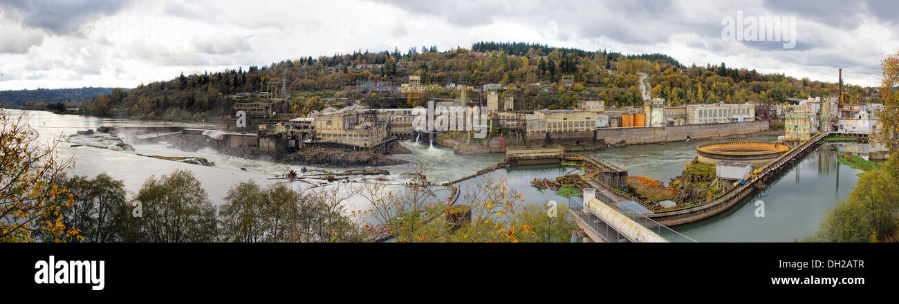 Hydro Power Plant at Willamette Falls Lock in Oregon City at Fall Season Panorama Stock Photo