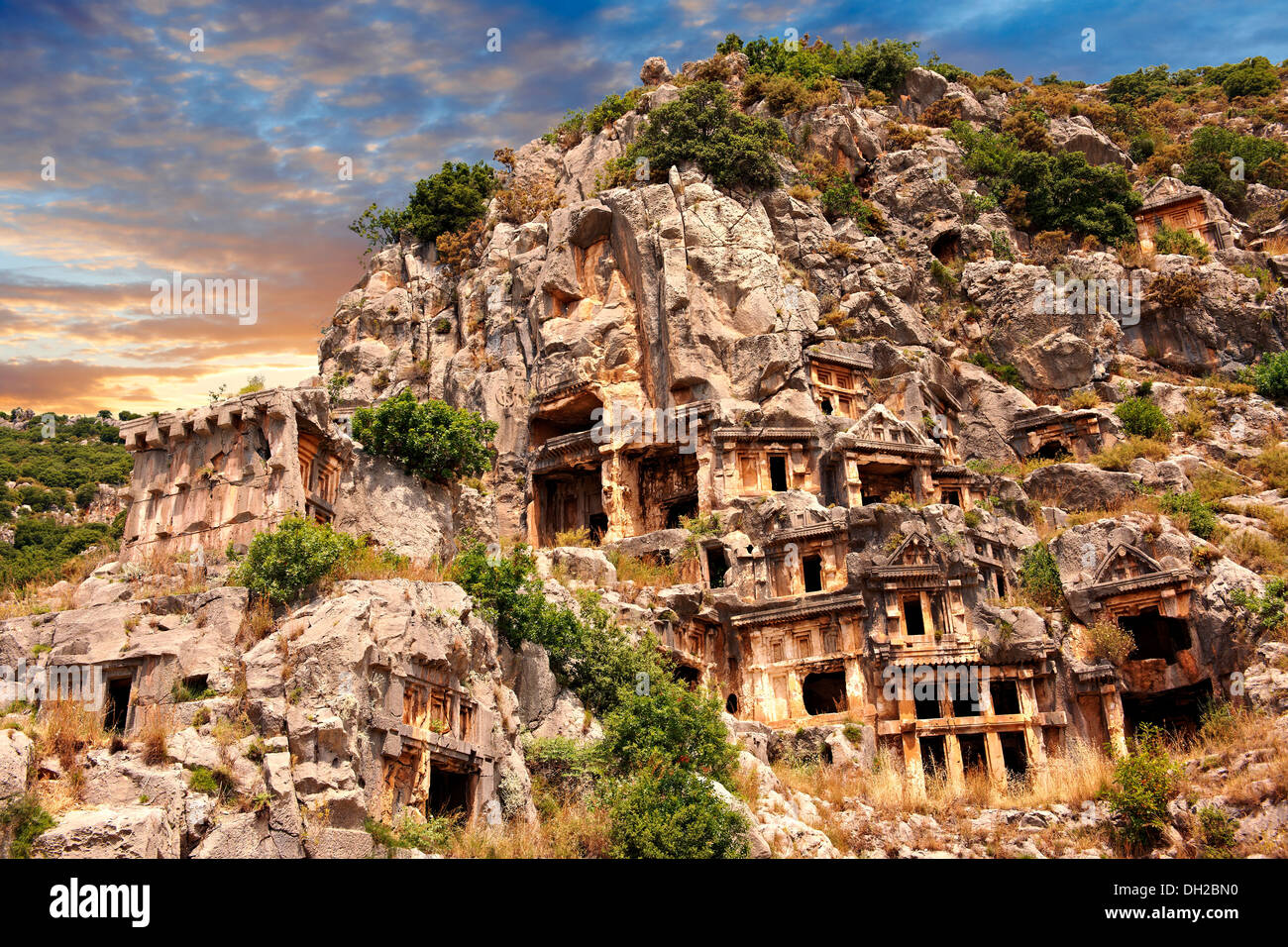 The ancient Lycian rock cut tombs town of Myra, Anatolia, Turkey. Stock Photo