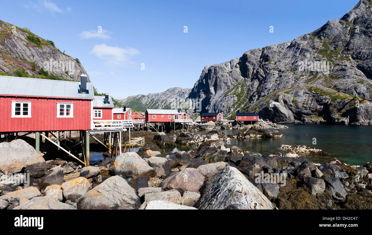 Red fishermen's houses, called rorbuer, A, Nusfjord, Lofoten, Nordland, Norway Stock Photo