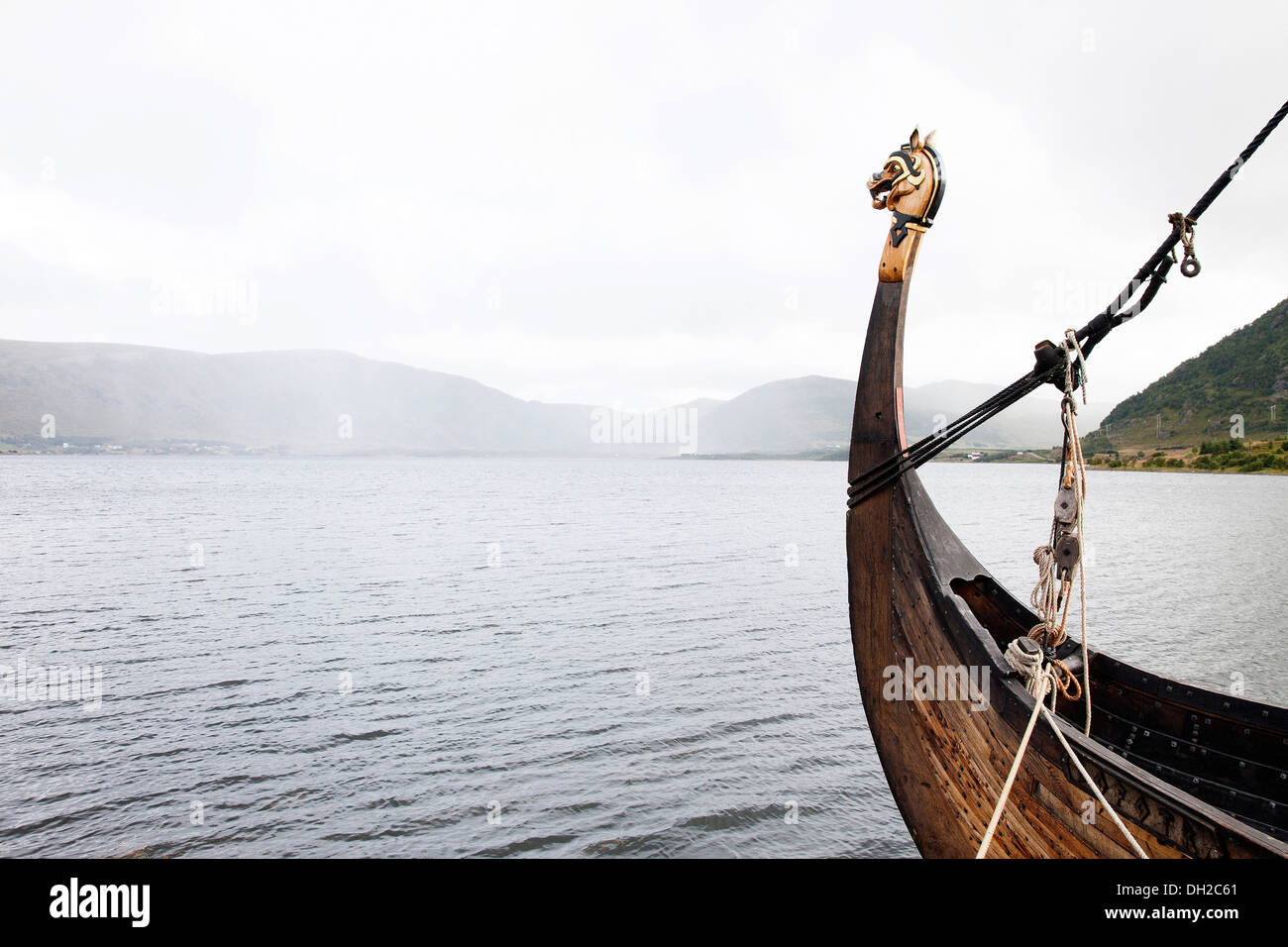 Viking ship with a golden dragon head, Borg, Lofoten, Nordland, Norway Stock Photo