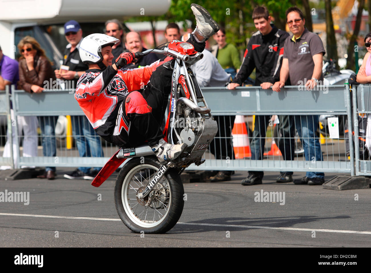 Stuntman Mike Auffenberg driving a trial motorcycle without a front wheel, Koblenz, Rhineland-Palatinate Stock Photo