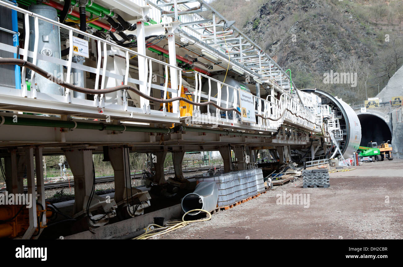 A giant tunnel boring machine of the specialist firm Herrenknecht, length 90 meters, bore diameter more than 10 meters, in front Stock Photo