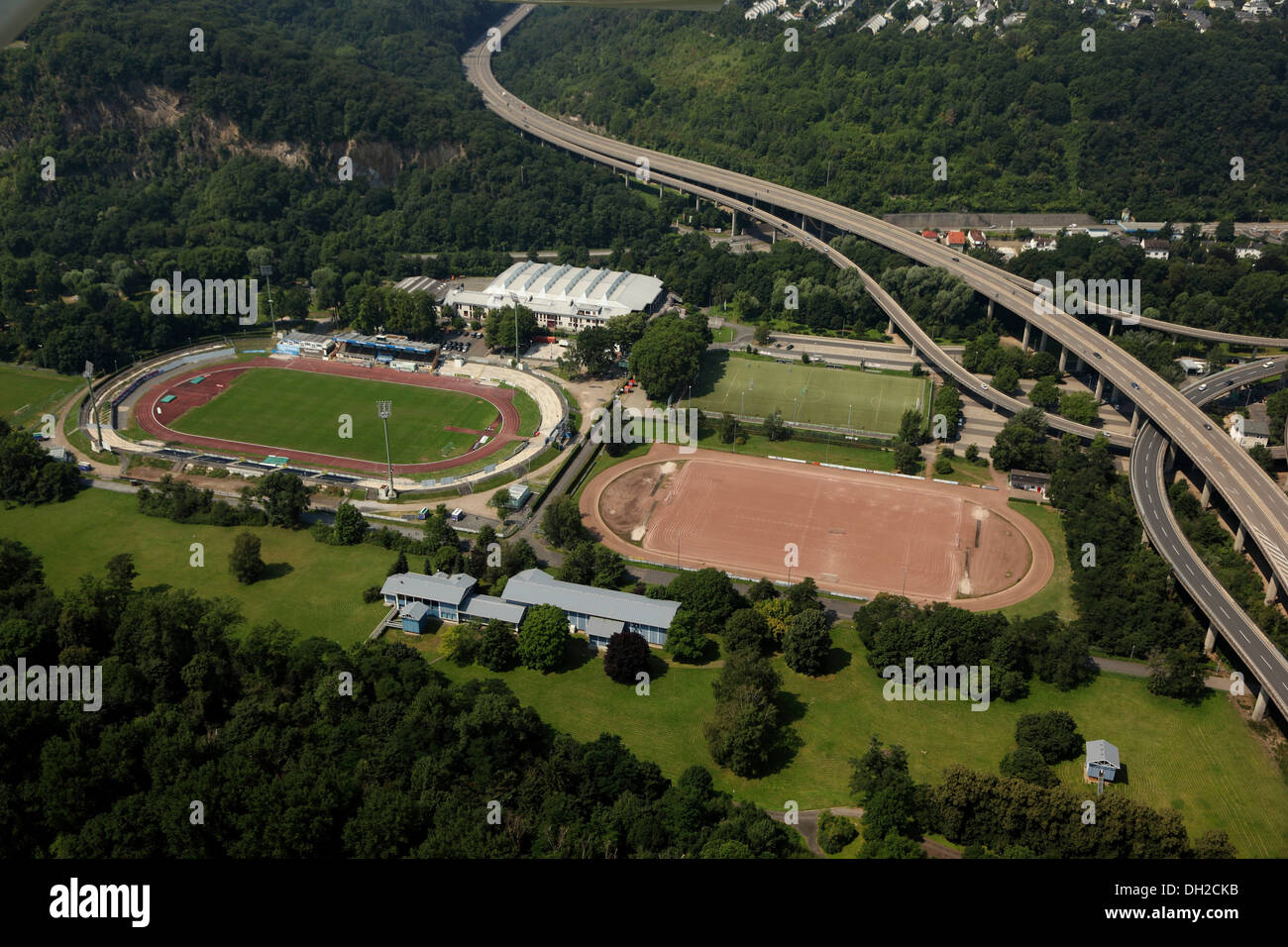 Aerial view, Oberwerth stadium and sports hall, Koblenz, Rhineland-Palatinate Stock Photo