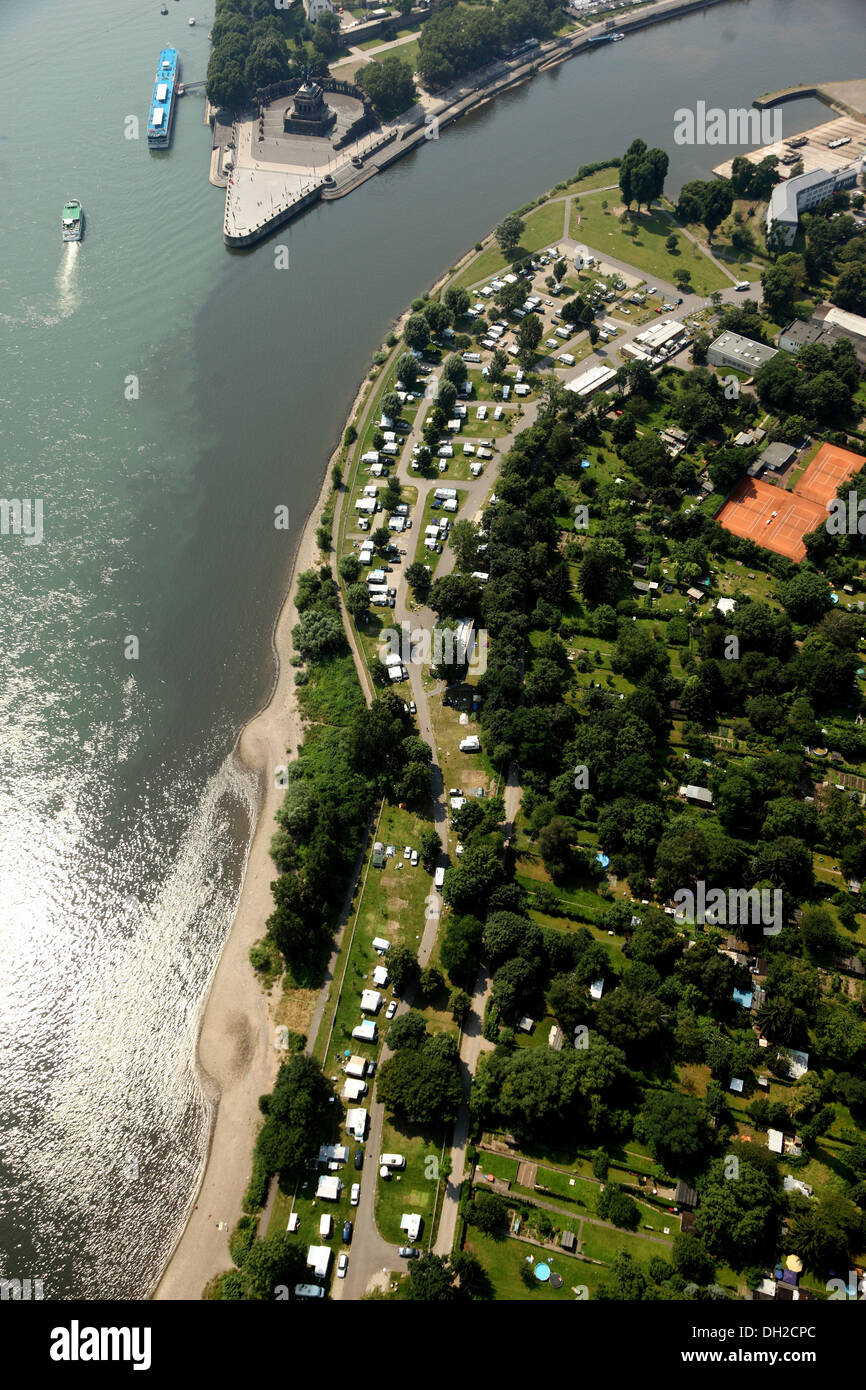 Aerial view, Deutsches Eck headland and the campsite on the Neuendorfer Eck, Koblenz, Rhineland-Palatinate Stock Photo