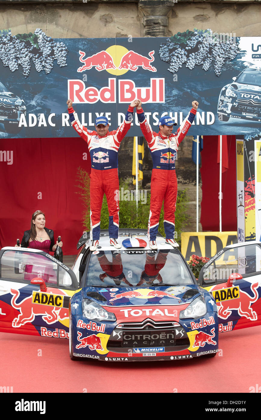 ADAC Rallye Deutschland, Sebastien Loeb, FRA, and co-driver Daniel Elena, MCO, celebrating their victory on Citroen, Trier Stock Photo