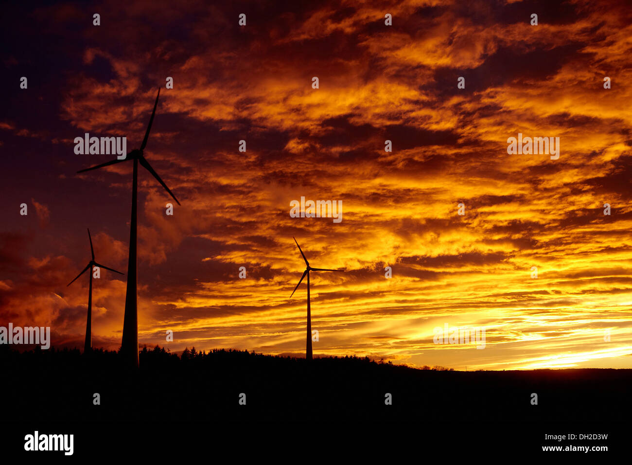 Wind turbines in the Hunsrueck region near Kirchberg, Rhineland-Palatinate Stock Photo