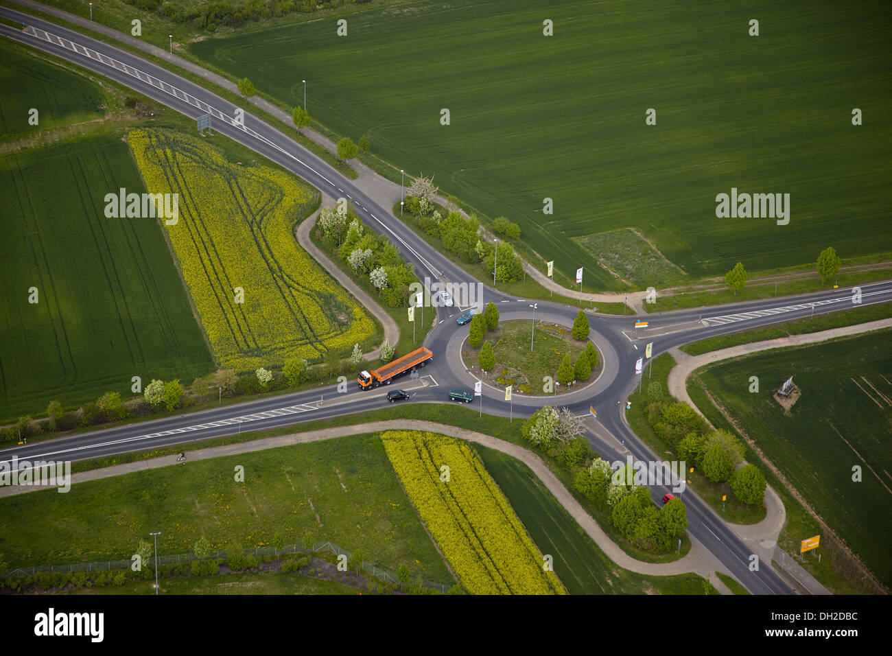 Aerial view, roundabout at the freight village on the A61 motorway