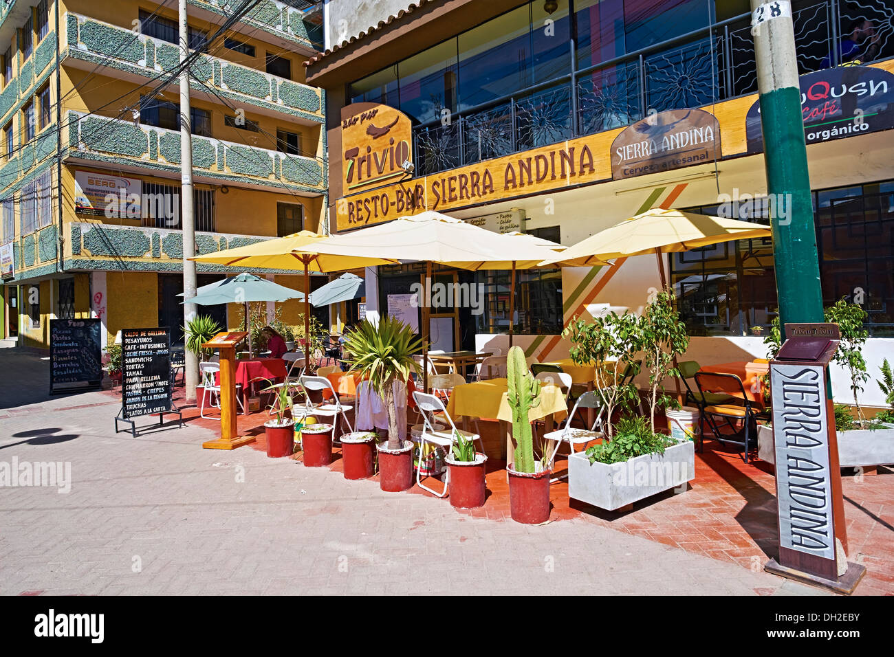 An outside restaurant cafe in Huaraz, Peru, South America. Stock Photo