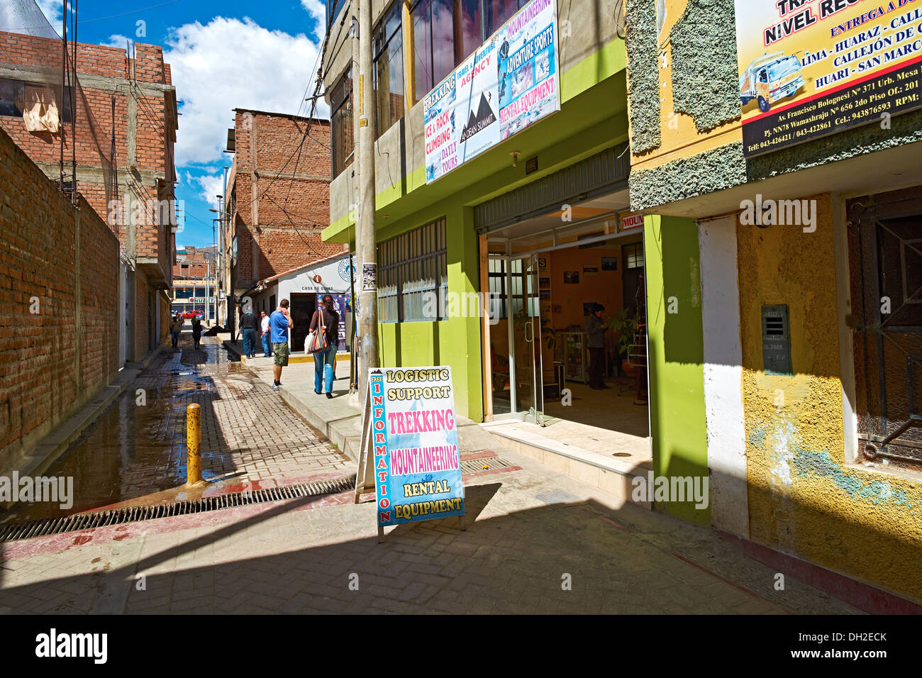 Trekking, Tour companies on the streets of Huaraz In Peru, South America. Stock Photo