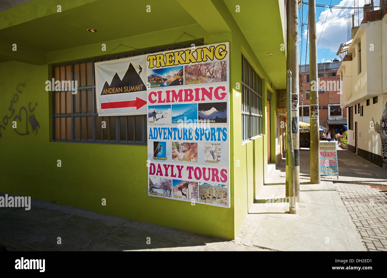 Trekking, Tour companies on the streets of Huaraz In Peru, South America. Stock Photo