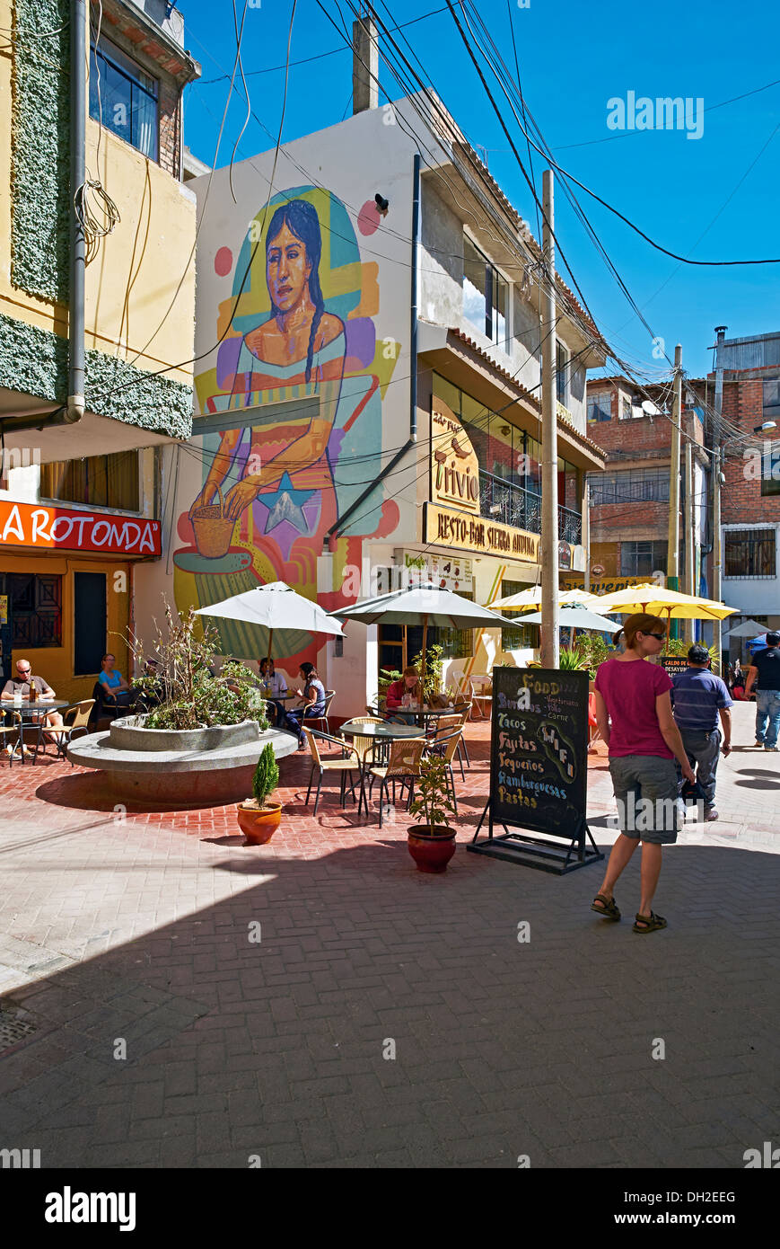 An outside restaurant cafe in Huaraz, Peru, South America. Stock Photo