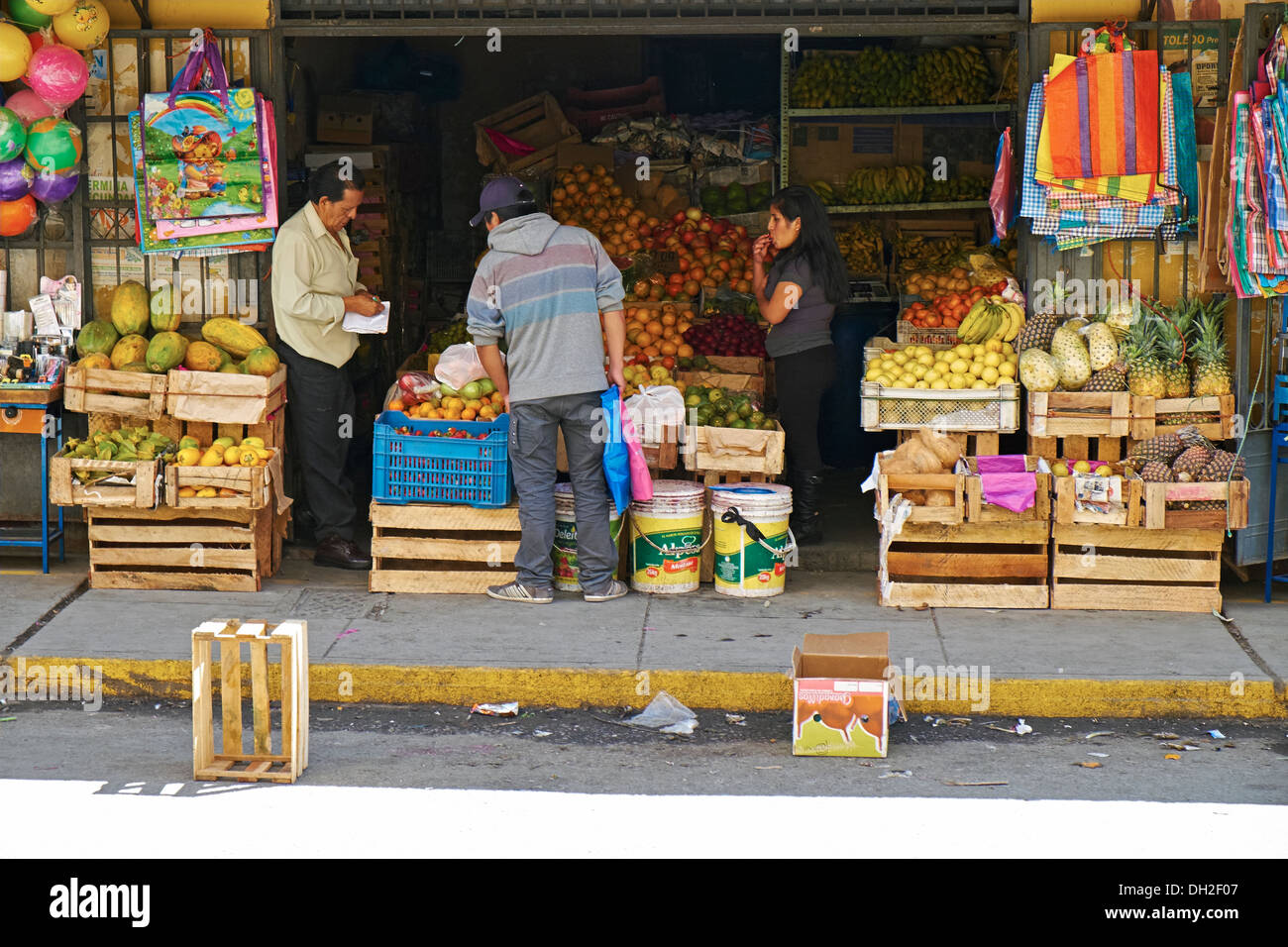 Fruit and vegetable trader, Huaraz In Peru, South America. Stock Photo