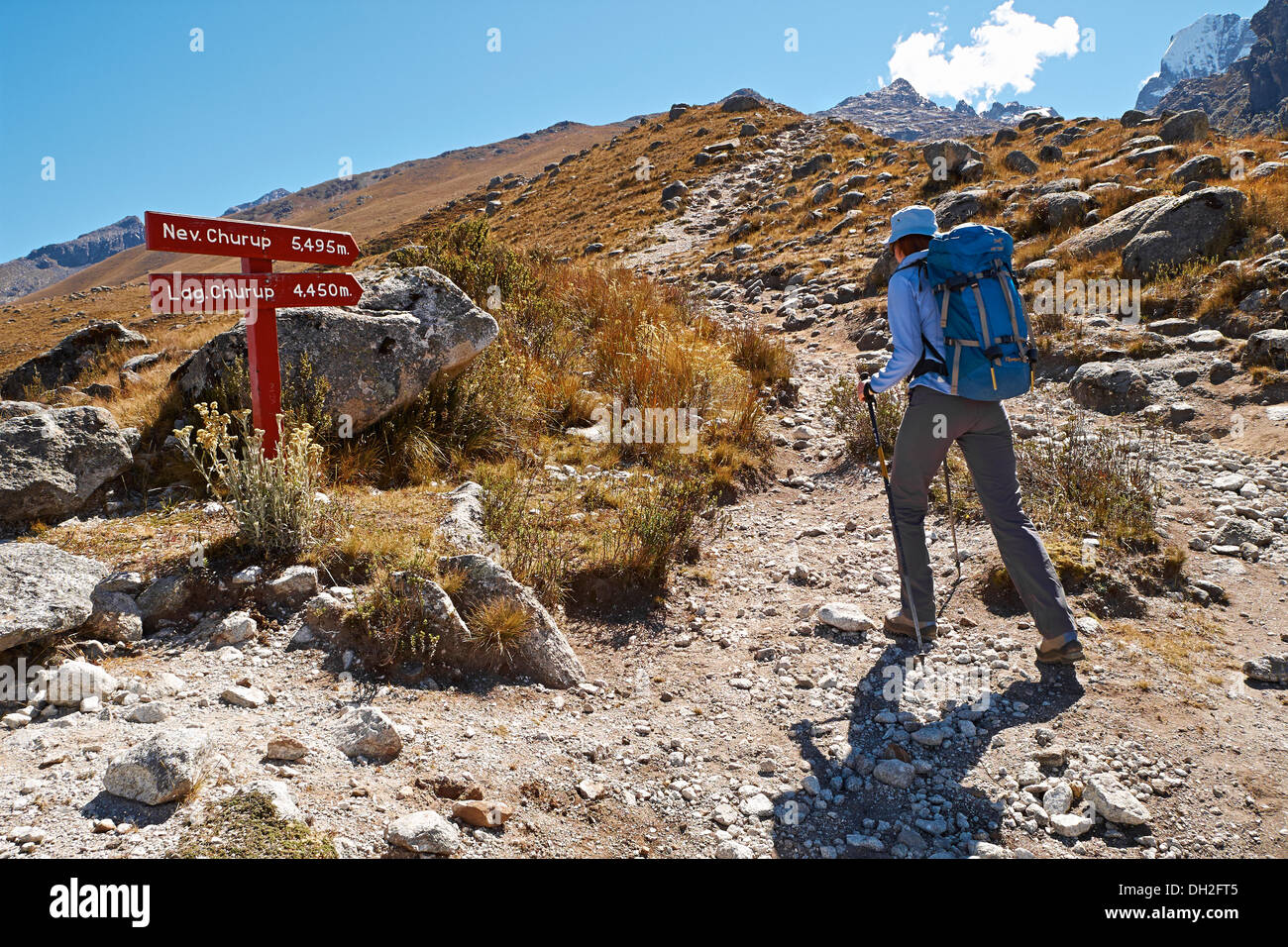 A hiker Nev Churup trail, Huascaran National Park in the Andes, South America. Stock Photo