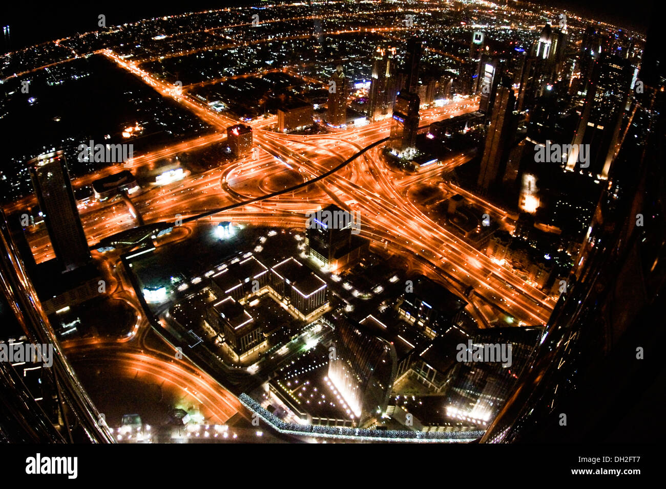 Aerial, night view of downtown Dubai, United Arab Emirates Stock Photo