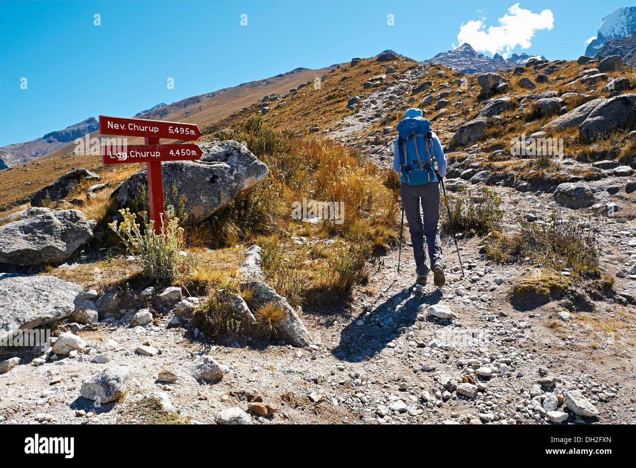 A hiker climbing Nev Churup trail, Huascaran National Park in the Andes, South America. Stock Photo