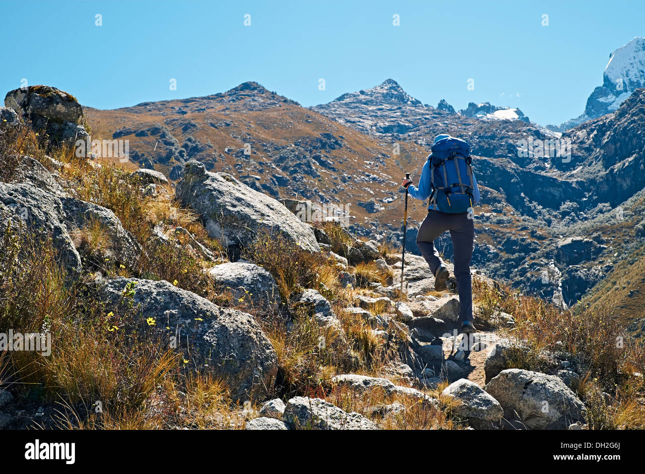 A hiker climbing Nev Churup trail, Huascaran National Park in the Andes, South America. Stock Photo