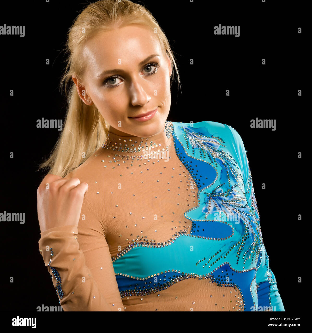 girl in blue gymnastic leotard Stock Photo