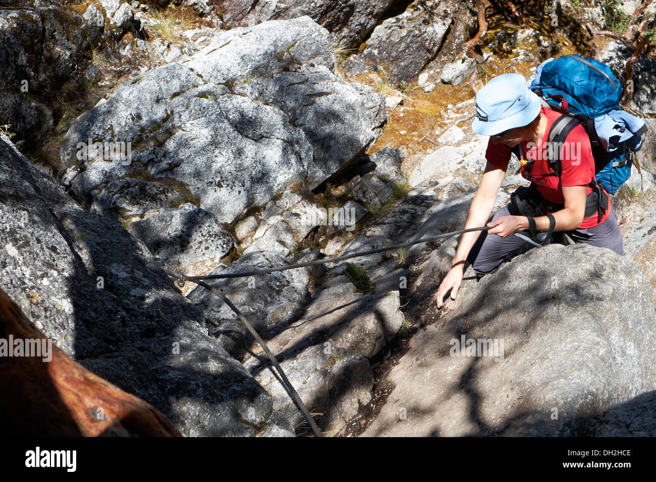A hiker on the Nev Churup trail, Huascaran National Park in the Andes, South America. Stock Photo