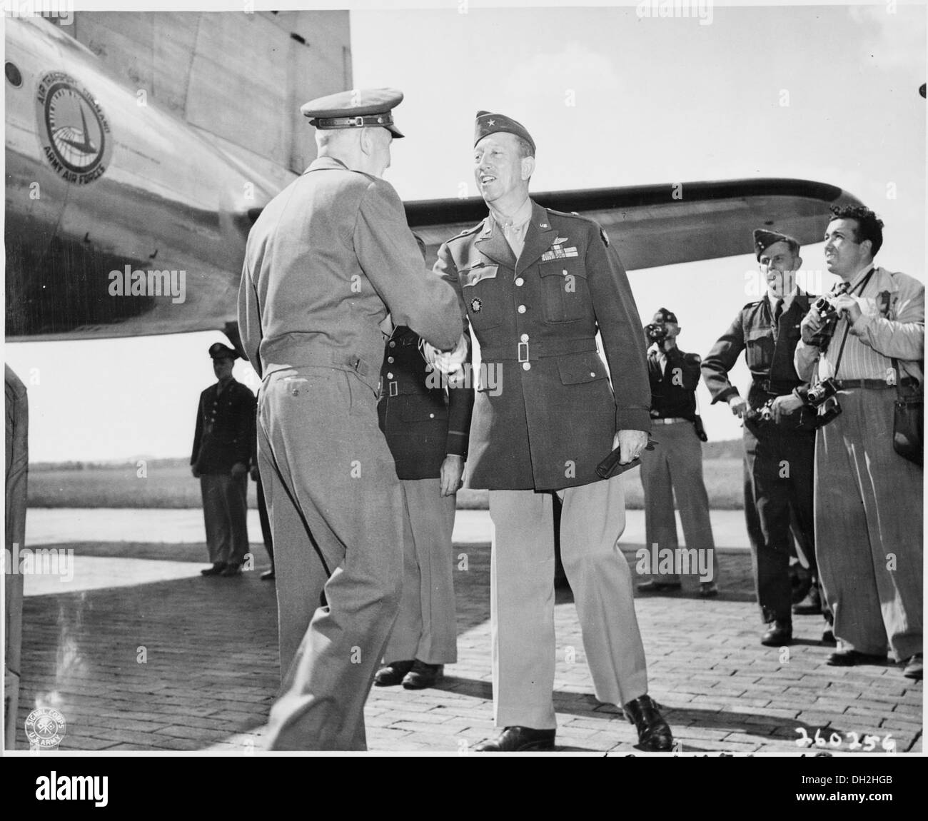 Lt. Gen. Brehon Somervell, left, shakes hands with Brig. Gen. Earl Hoag, right, Commanding General of the Air... 198868 Stock Photo