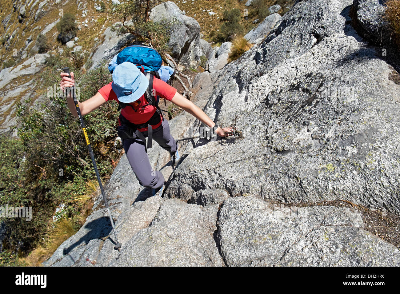 A hiker on the Nev Churup trail, Huascaran National Park in the Andes, South America. Stock Photo