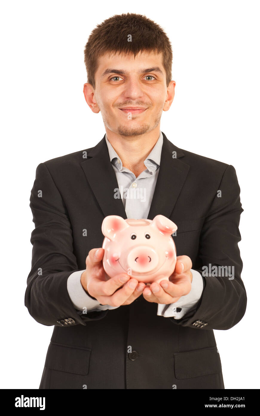 Happy executive man holding piggy bank isolated on white background ...