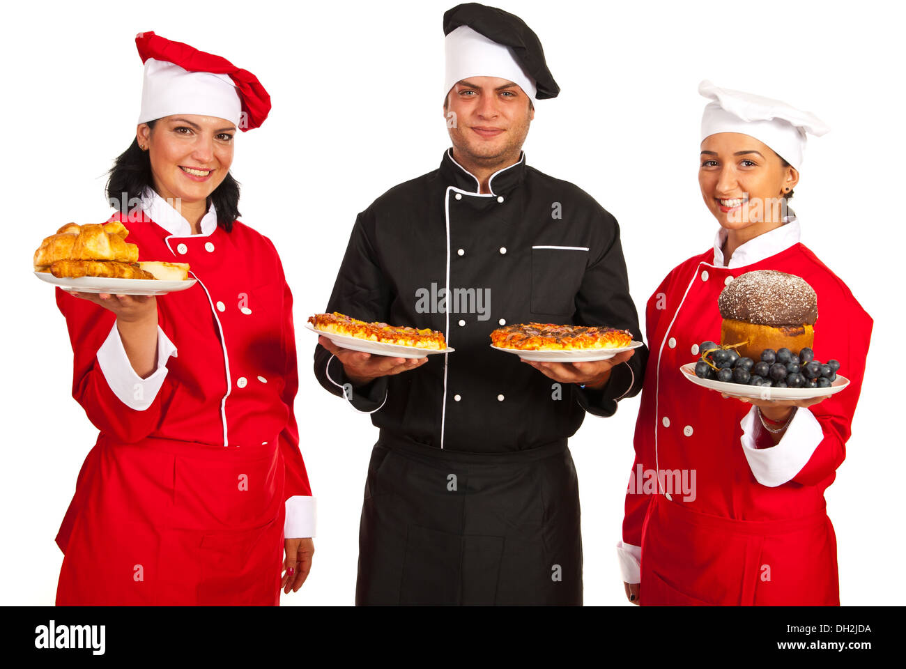 Chefs holding plates with different food isolated on white background Stock Photo