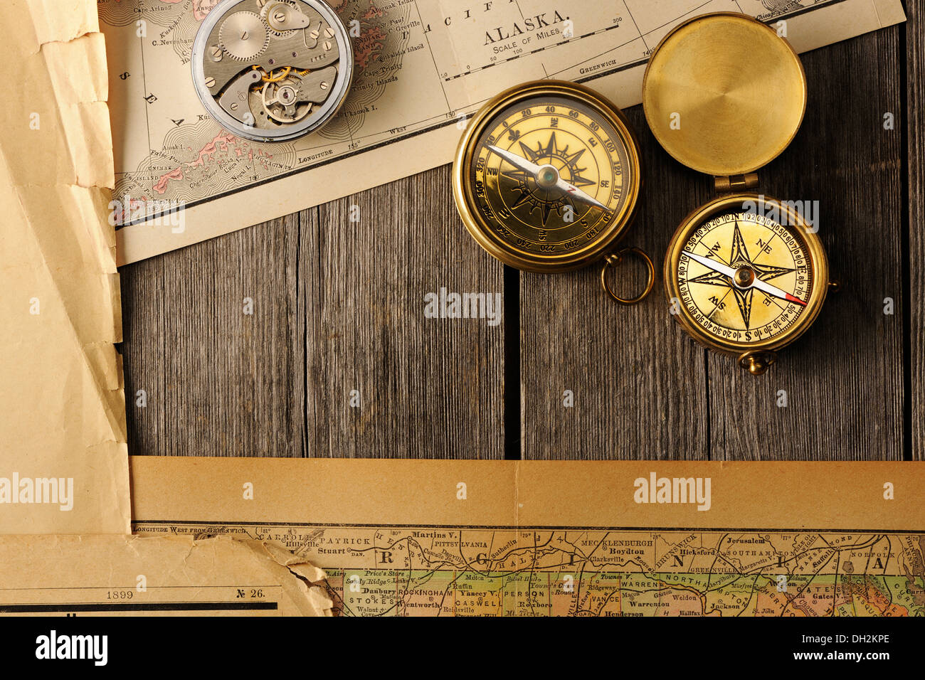 Antique compasses over old map Stock Photo Alamy