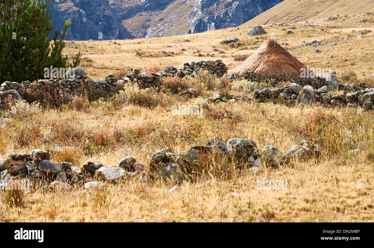 Traditional Stone & straw hut,Shelter in the Huascaran National Park in the Andes. Stock Photo