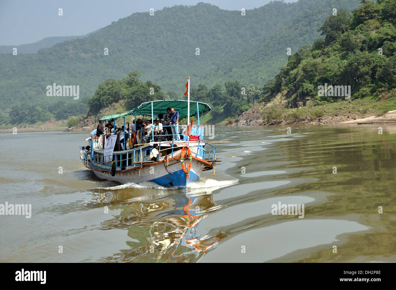 tourists in boat to papi hill at Andhra Pradesh India Stock Photo