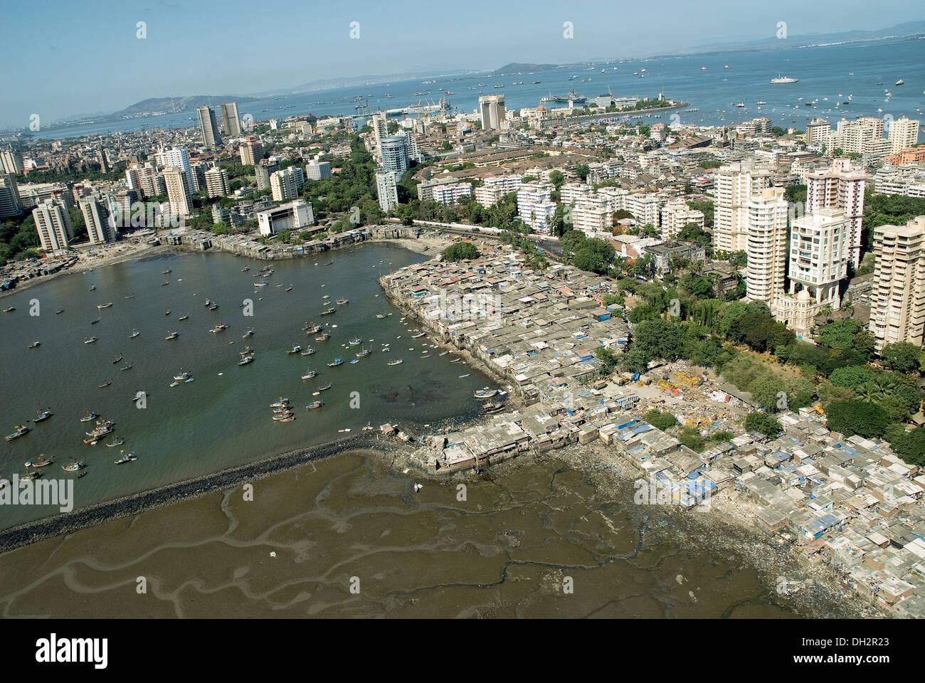 Aerial view of Cuffe Parade with slums at Colaba Bombay Mumbai ...