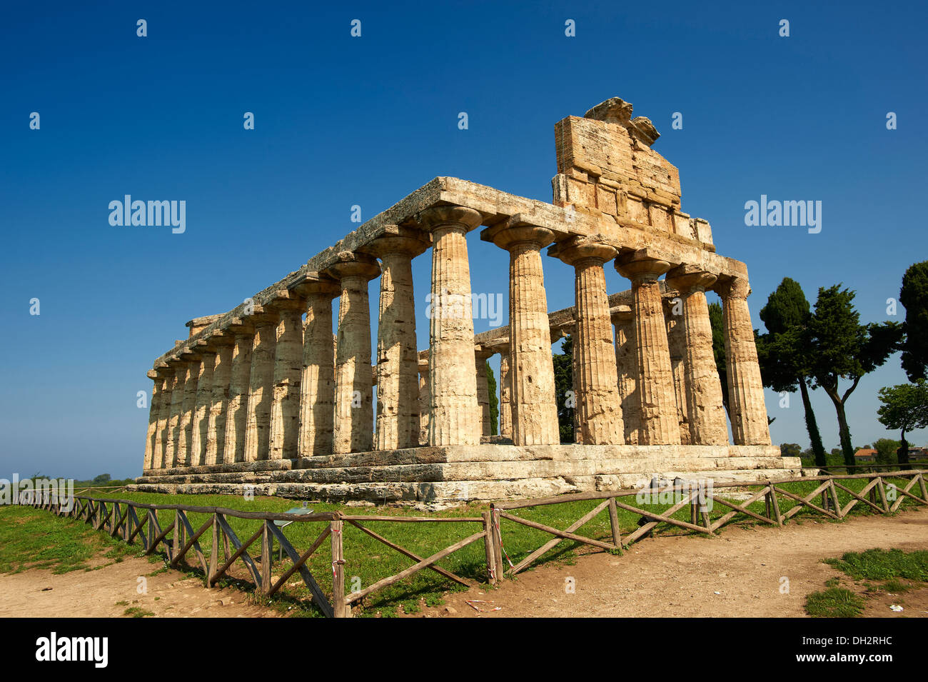 The ancient Doric Greek temple of Athena of Paestum built in about 500 BC. Paestum archaeological site, Italy. Stock Photo