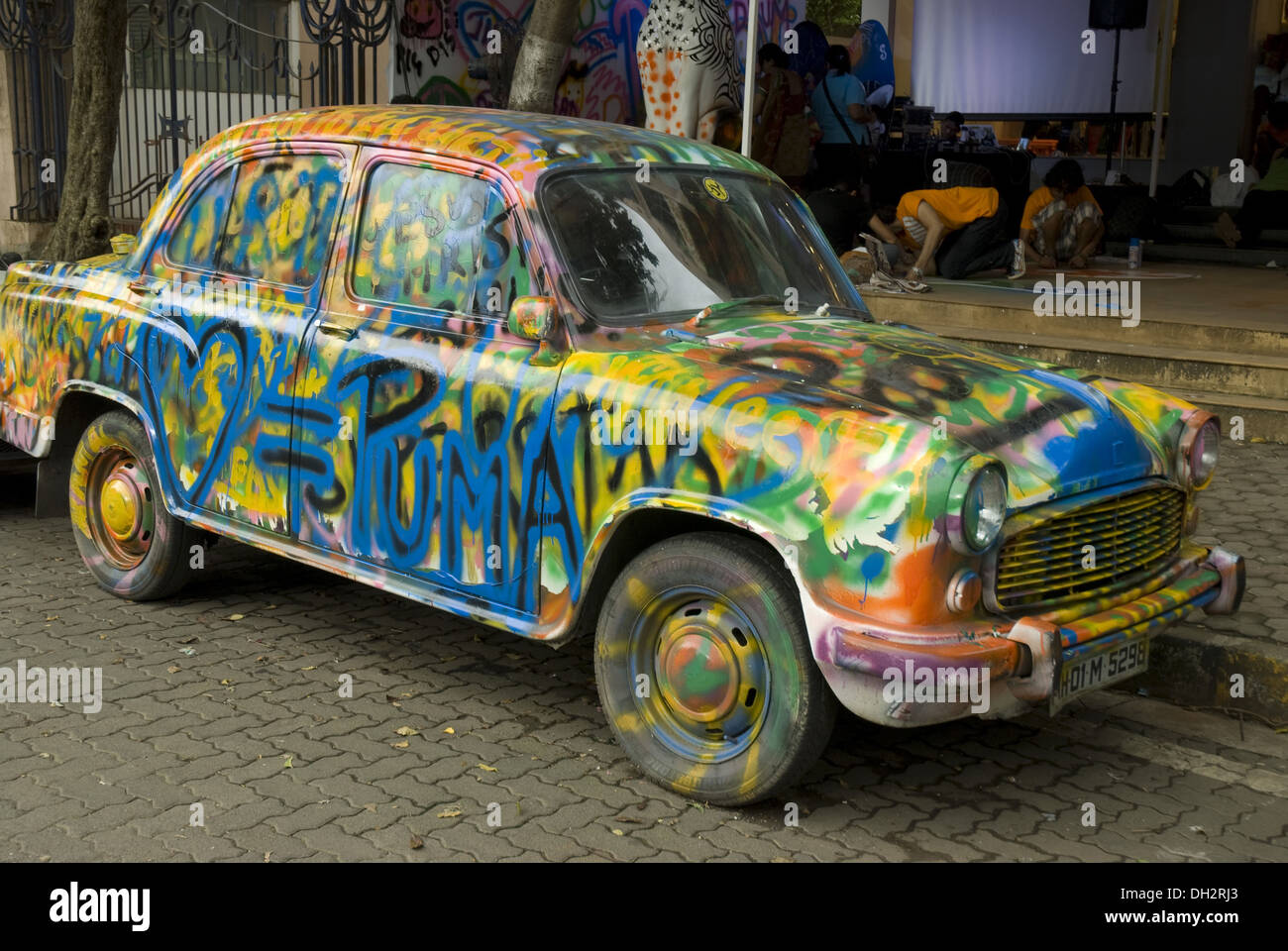 painted ambassador car at Linking Road Khar Mumbai Maharashtra India Stock Photo