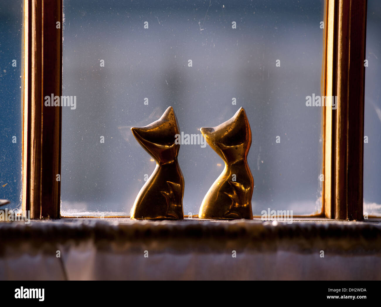 Cats on display in window of house in Thaxted, Essex, England. October ...