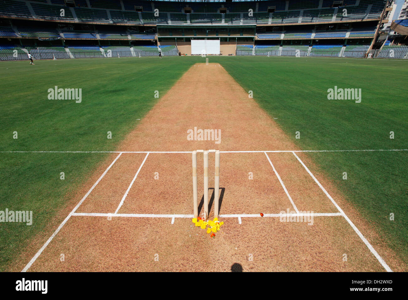 stumps and cricket pitch Wankhede Stadium Mumbai Maharashtra India Asia Stock Photo