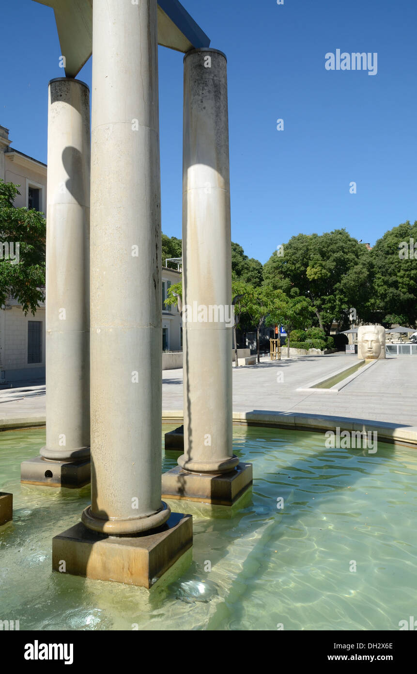 Neo-Classical Street Fountain or Fountains on Place d'Assas Town Square or Plaza Nimes Gard France Stock Photo