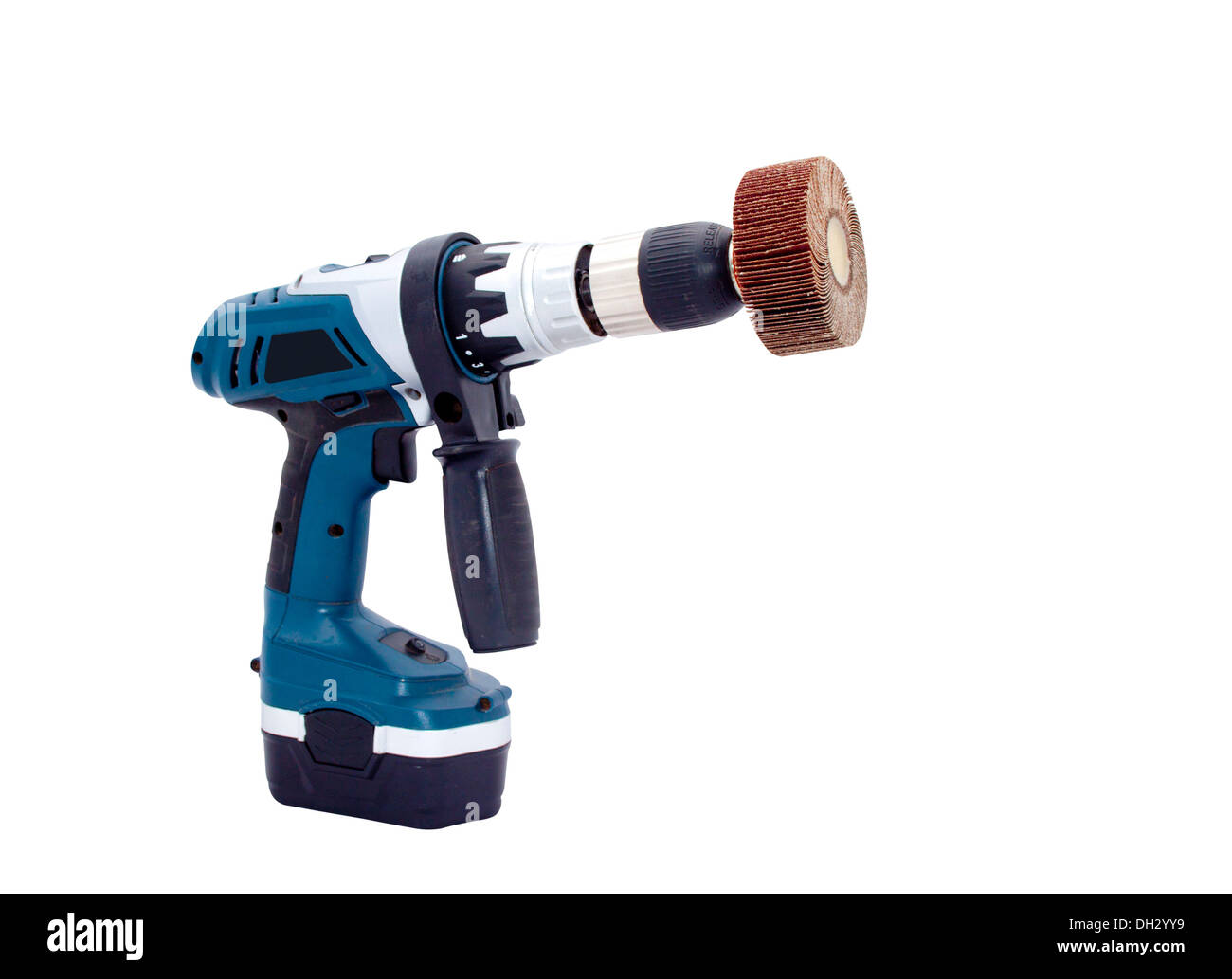 Right side angled view of battery powered drilling machine and sanding