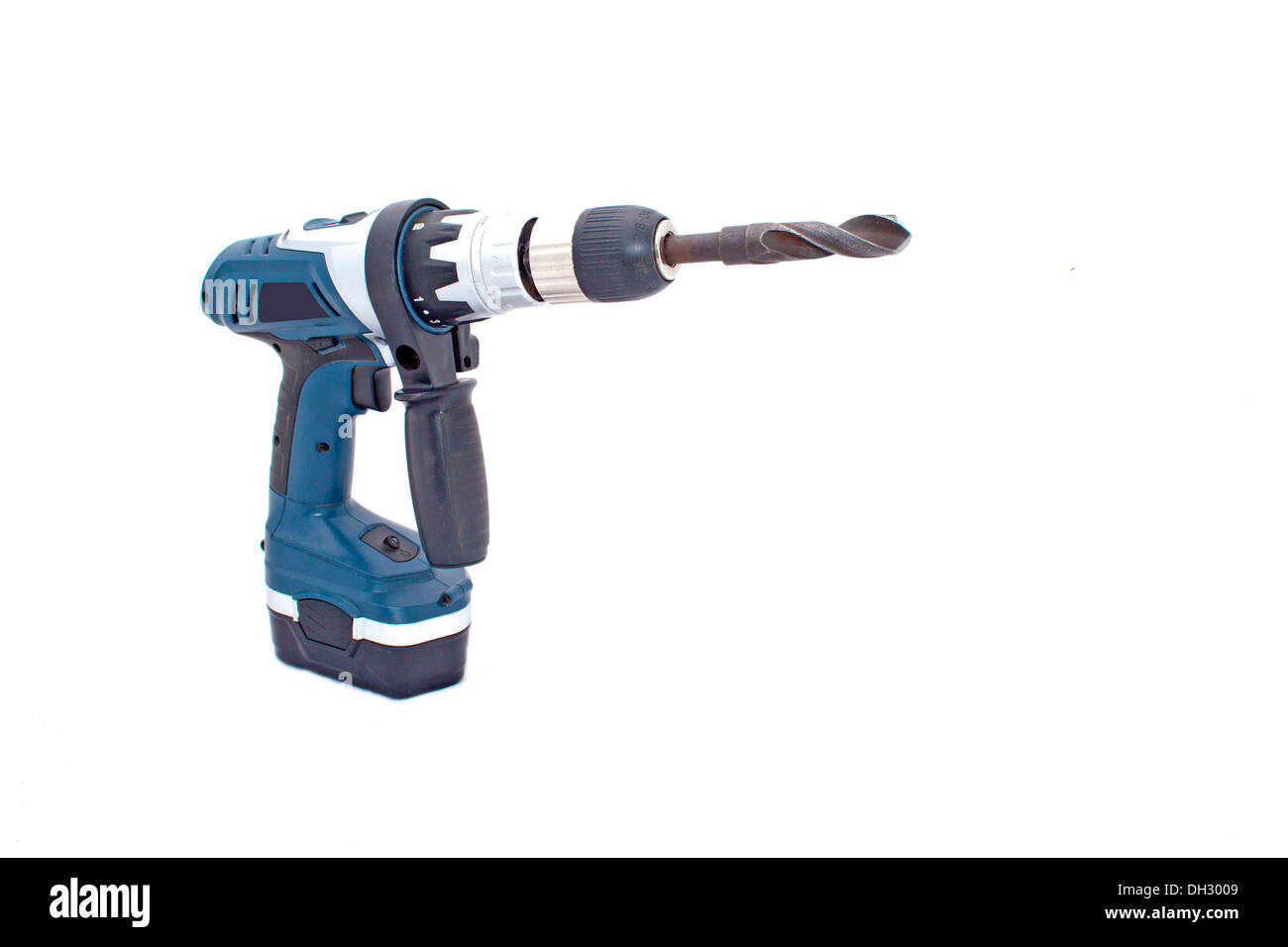 Isolated on white battery powered drilling machine with drill bit Stock Photo